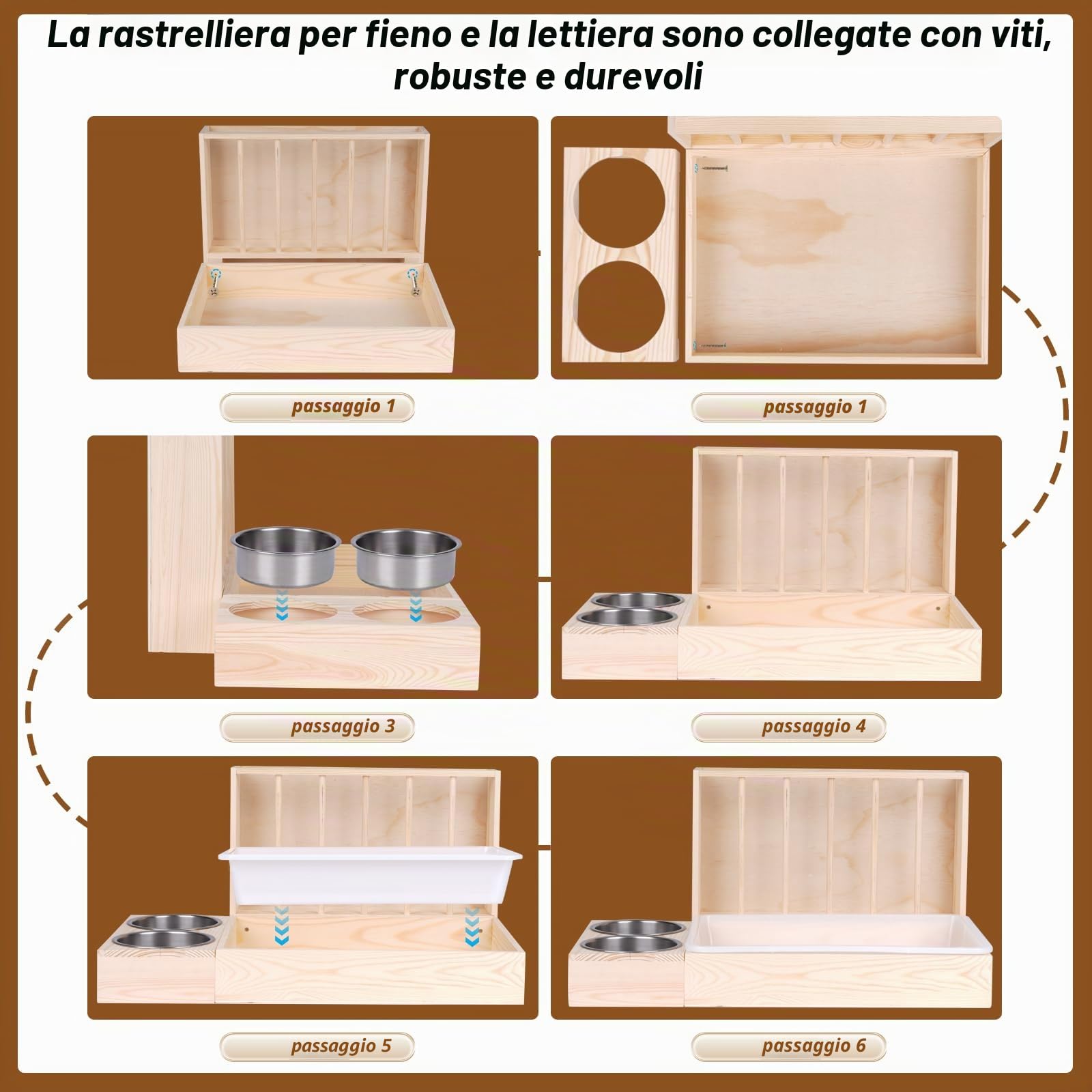 Mangiatoia per fieno 3 in 1 con lettiera e ciotole per conigli, coniglietti, criceti e porcellini d'India