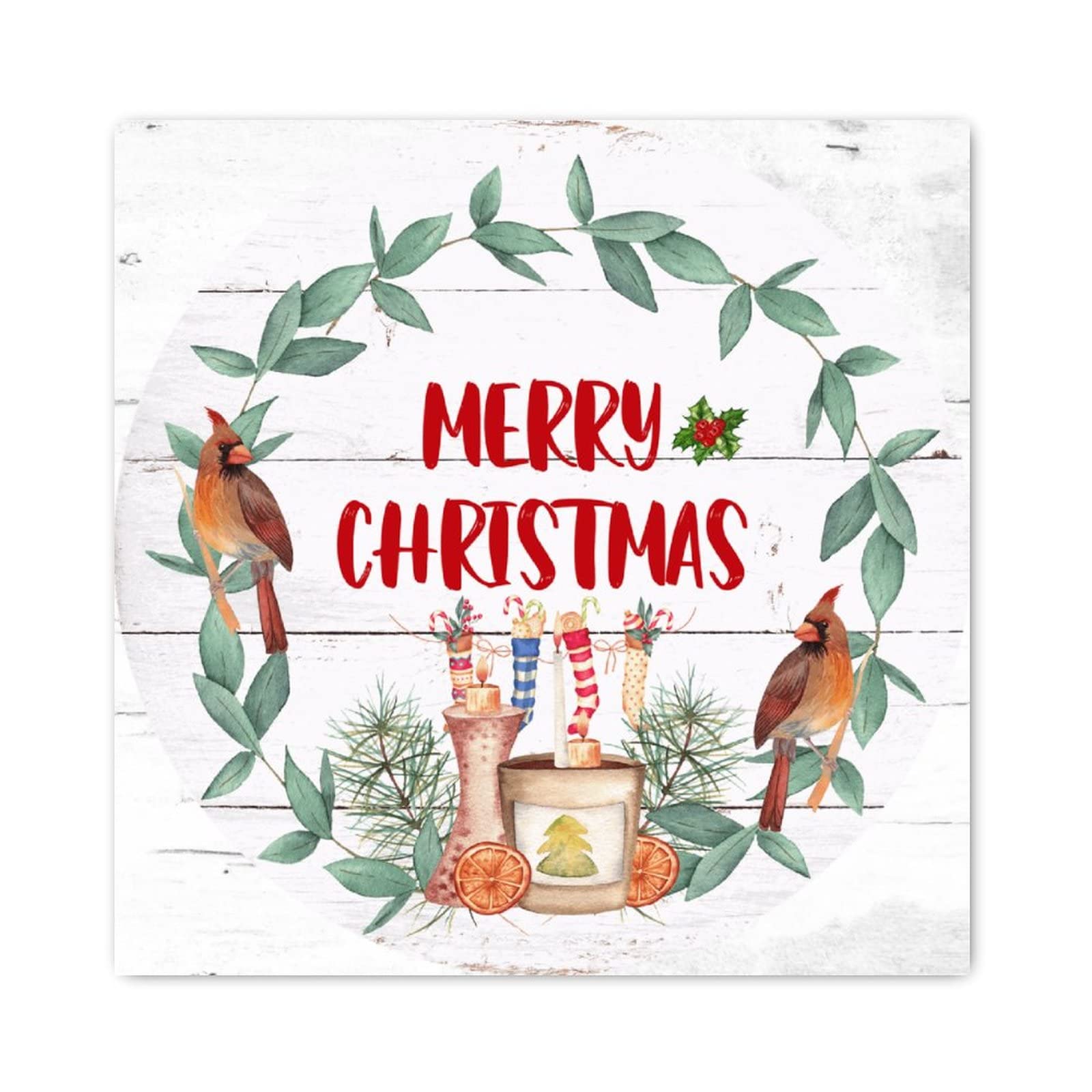 Panneau en bois Merry Christmas couronne oiseaux esprit de Noël chrétien