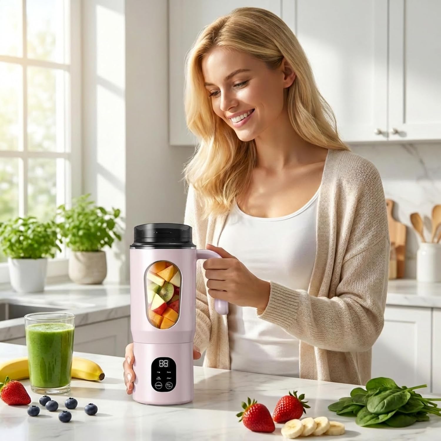 Portable Blender 12-Blades Portable Juicer for Smoothies, 580ml Rechargeable Personal Blenders with Handle & Extra Lid, USB-C Mini Blender Cup for Travel, Office, Gym, BPA-Free (Pink)