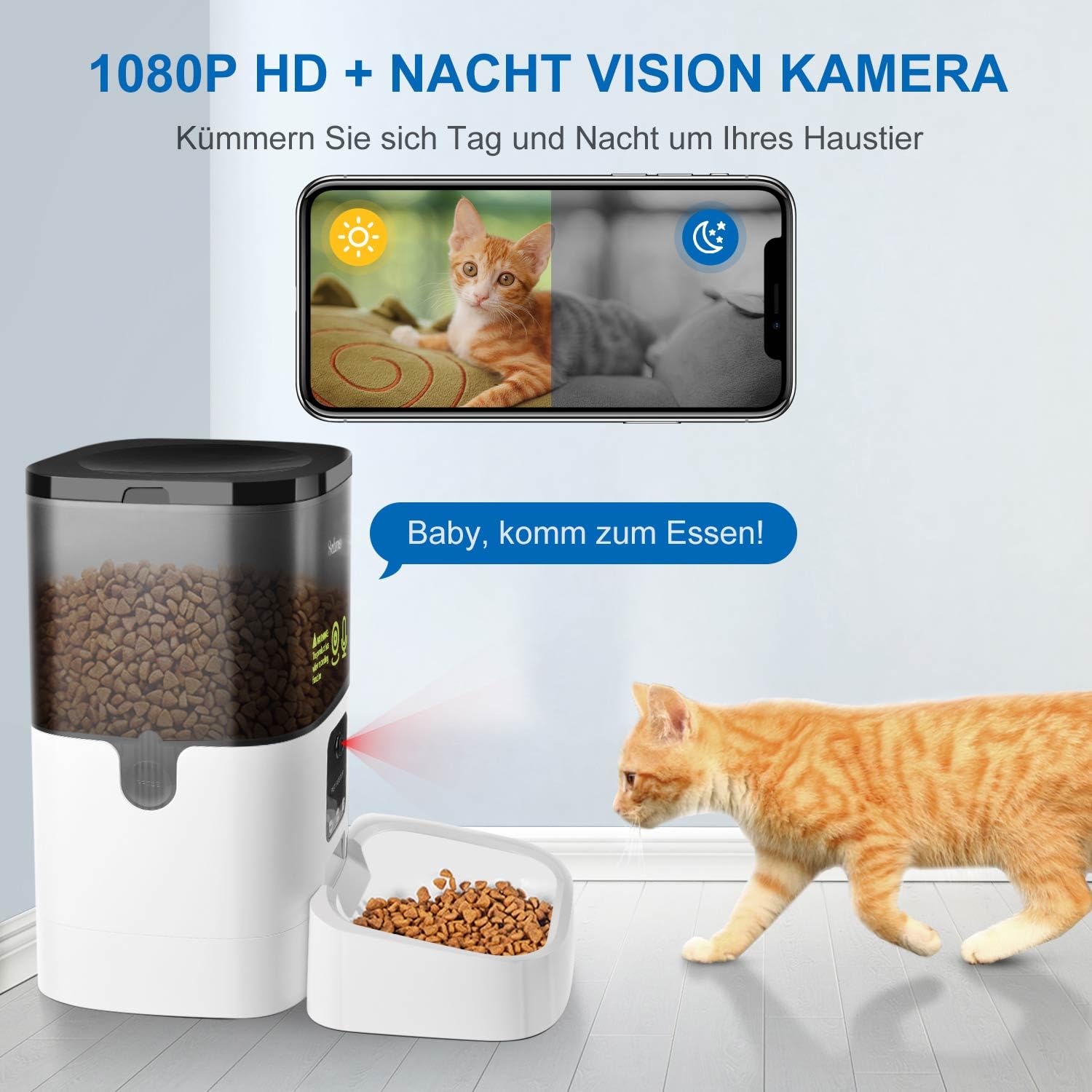 Balimo Distributore Automatico Cibo Gatti con Telecamera 1080P, 2.4G WiFi Dispenser Crocchette Gatto, 4L Distributore Automatico Cibo Cani con APP Video Audio Visione, Da 1 a 8 pasti al giorno