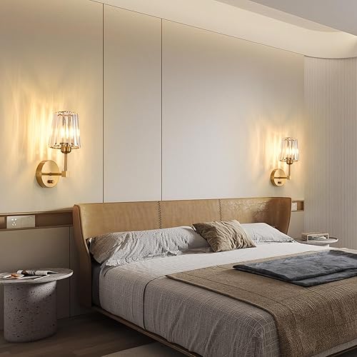 Miniatura 8 de Juego de 2 apliques de pared de cristal, apliques de pared regulables con cable de enchufe y regulador de intensidad dorado, lámpara de pared con
