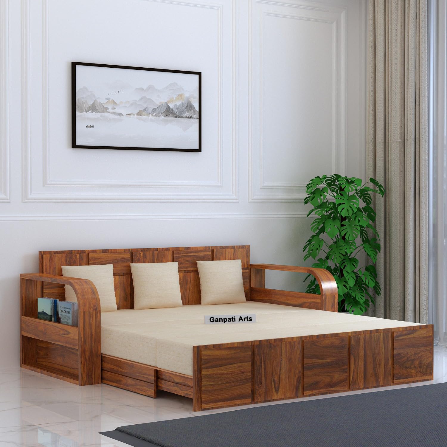 Ganpati Arts Sheesham Wood Headboard Design 3 Seater Scott Sofa Cum Bed With Side Book Storage Wooden Sofa For Living Room Home (Natural Finish), Brown-image-24