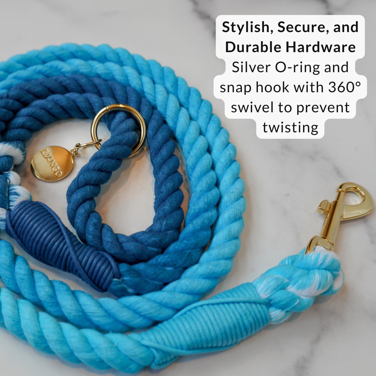 DJANGO Cotton Rope Dog Leash 5ft – Handcrafted Dog Leash and Blue Ombre Braided Leash for Small, Medium, Large Dogs – Durable 5 Foot Training Lead with Gold Hardware and Whipped Ends – Pacific Blue