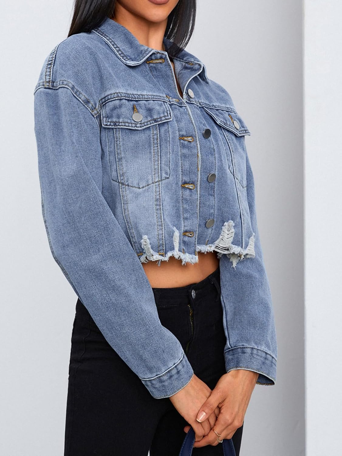 MakeMeChic Women's Crop Denim Jacket Casual Long Sleeve Ripped Frayed Hem Jean Jackets - Image 5