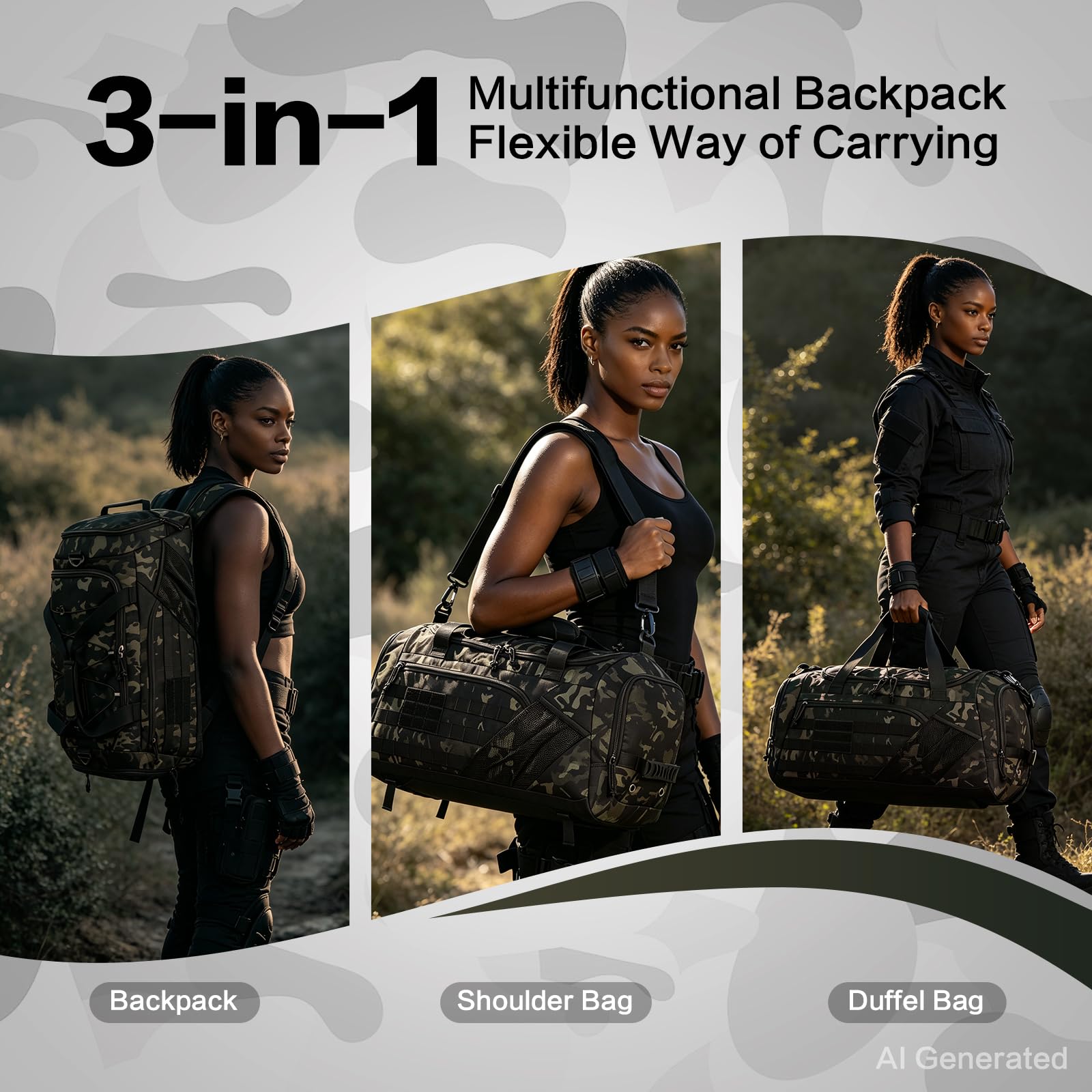 45L Taktische Reisetasche Rucksack für Herren Damen 3-in-1 Camouflage Sporttasche Militär mit Schuhfach Nassfach Multifunktionale Weekender für Gym Reisen Camping Wandern, Camo