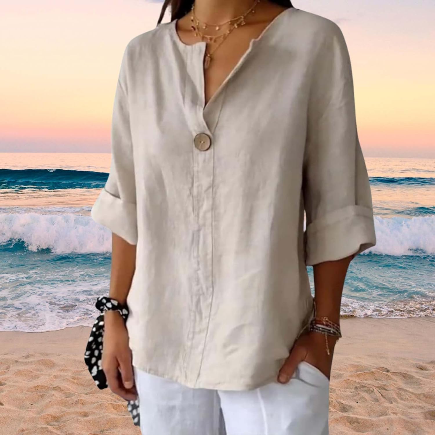 Linen Shirts for Womens Summer Button Down V Neck 3/4 Sleeve Blouses Casual Loose Seniors Tunic Tops - Image 3