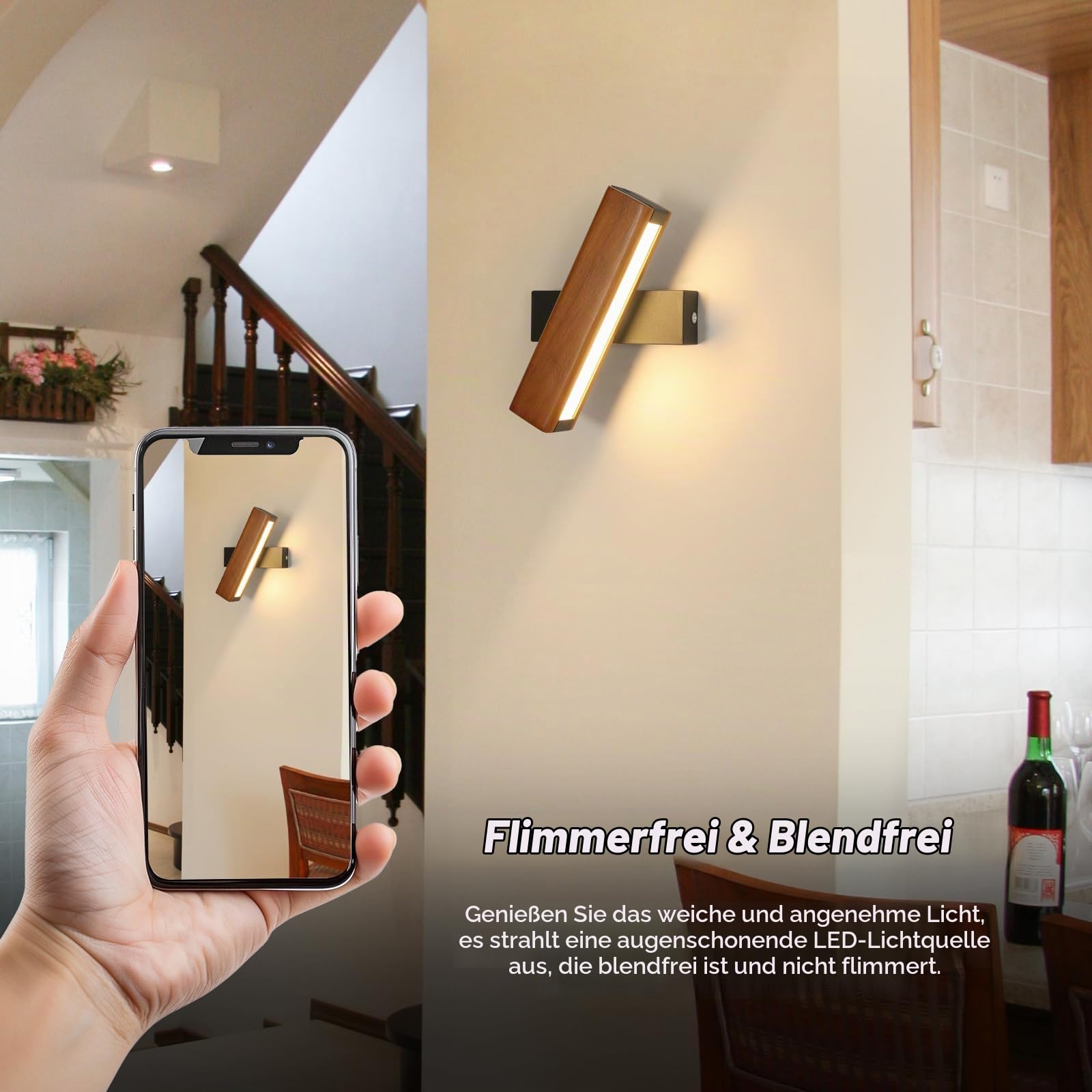 Dorlink Led Wandleuchte Innen mit Touch Schalter Stufenlos Dimmbar,3000k Warmweiß Holz Wandlampe,350°Drehbarer Wandlampe Innen,Moderne Wandleuchten für Schlafzimmer,Flur,Treppenhaus,Veranda