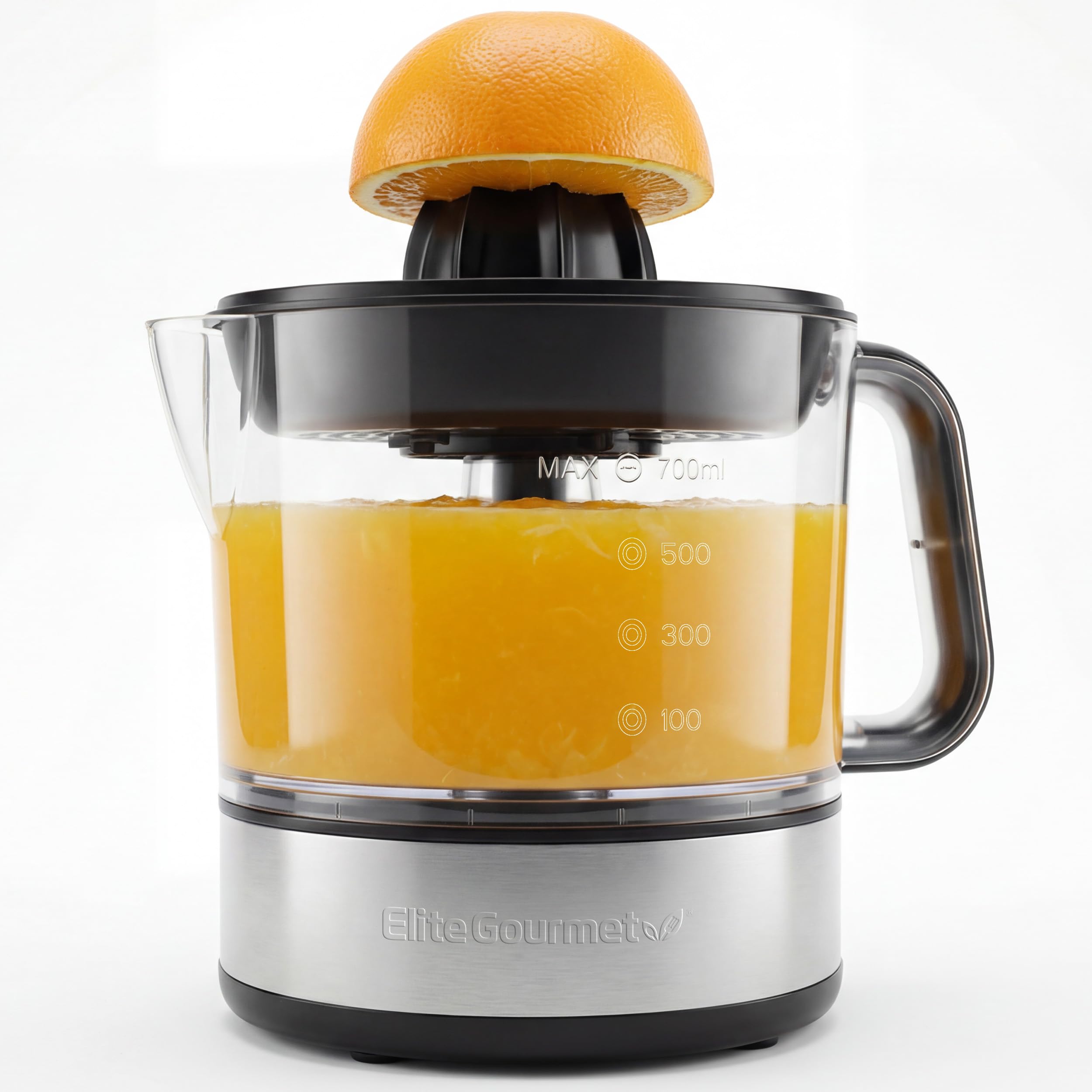 Elite Gourmet ETS623 Electric Citrus Juicer BPA Free Compact Large Volume Pulp Control Oranges Lemons Limes Grapefruit with Easy Pour Spout, 24oz, Black/Steel
