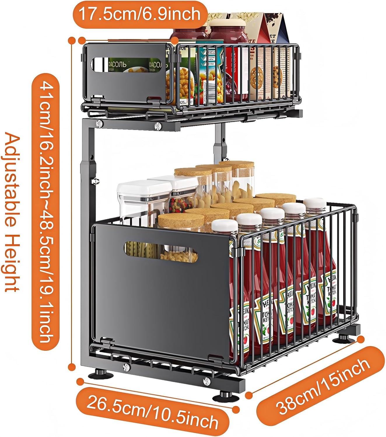 Under Sink Organizer, 2-Tier Multi-Use Kitchen and Bathroom Organizers and Storage, Slide Out Thickened Metal Under The Sink Organizer for Kitchen Bathroom Pantry (Style B White, 2 Pack)