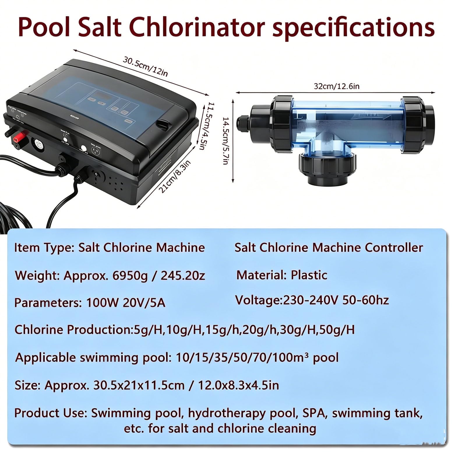Generador automático de Cloro salino para Piscinas, clorador salino con protección de Temperatura del Agua (10-40 °C), 8 g/12 g/16 g/20 g para jacuzzis y spas. 10g15m³