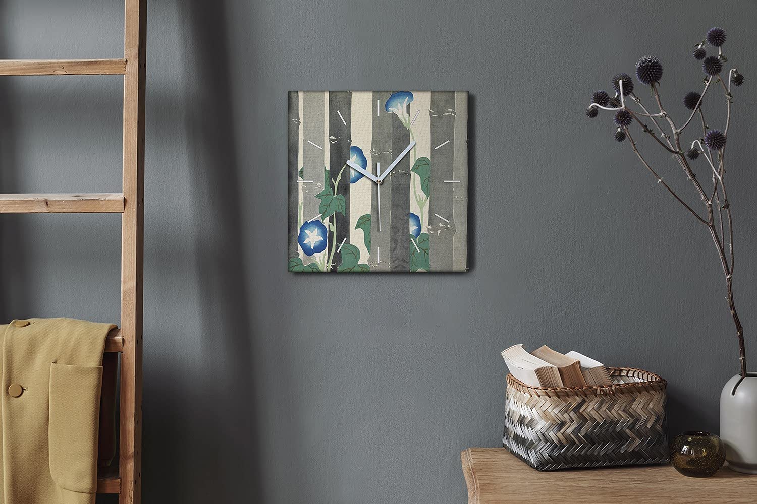 Coloray Uhr auf Leinwand 30x30cm Wohnzimmer Dekoration Segeltuch Ohne tickendes Geräusch Wand Uhr - Bambus Blumen