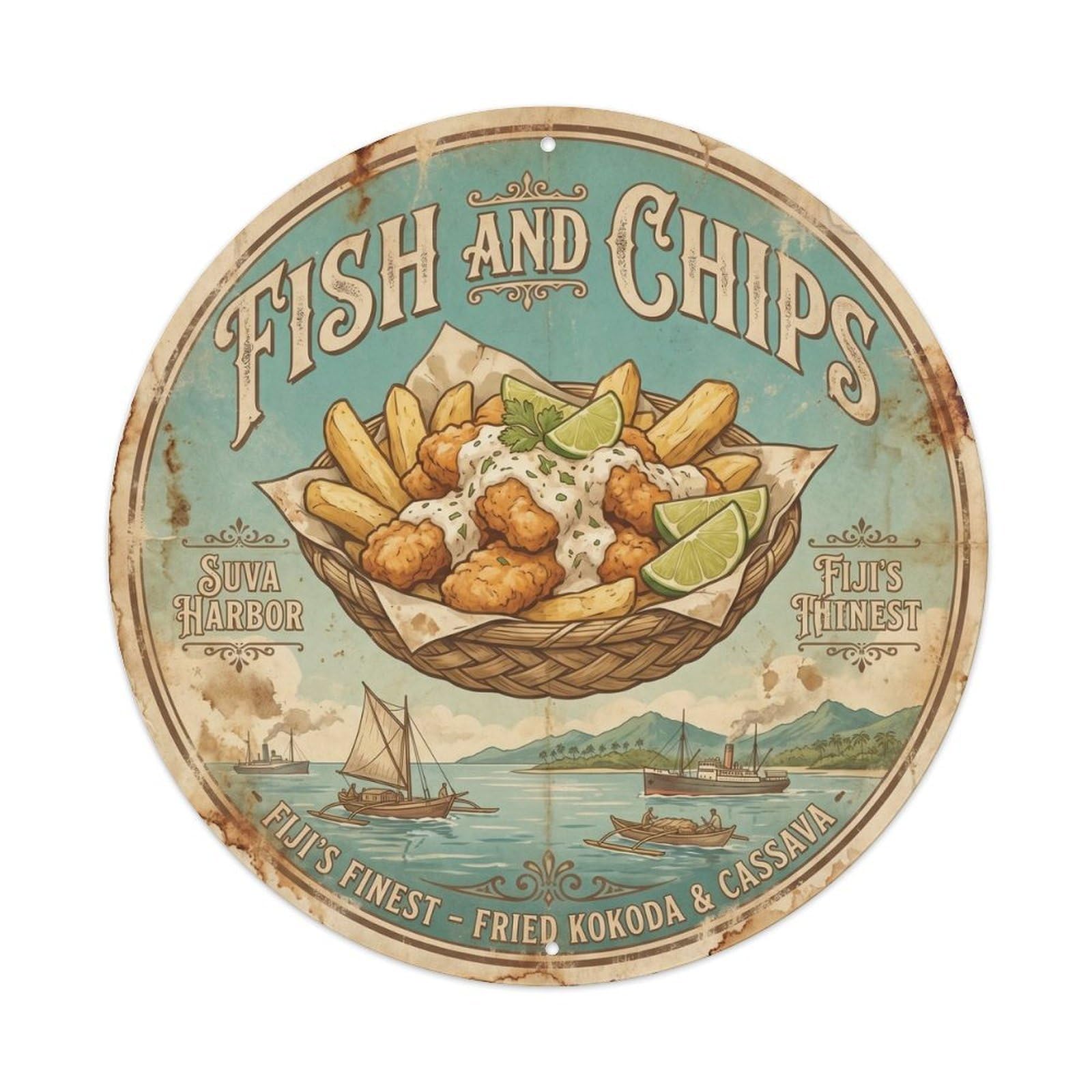 Fiji Fish And Chips Vintage Seafood Culture Metal Tin Sign