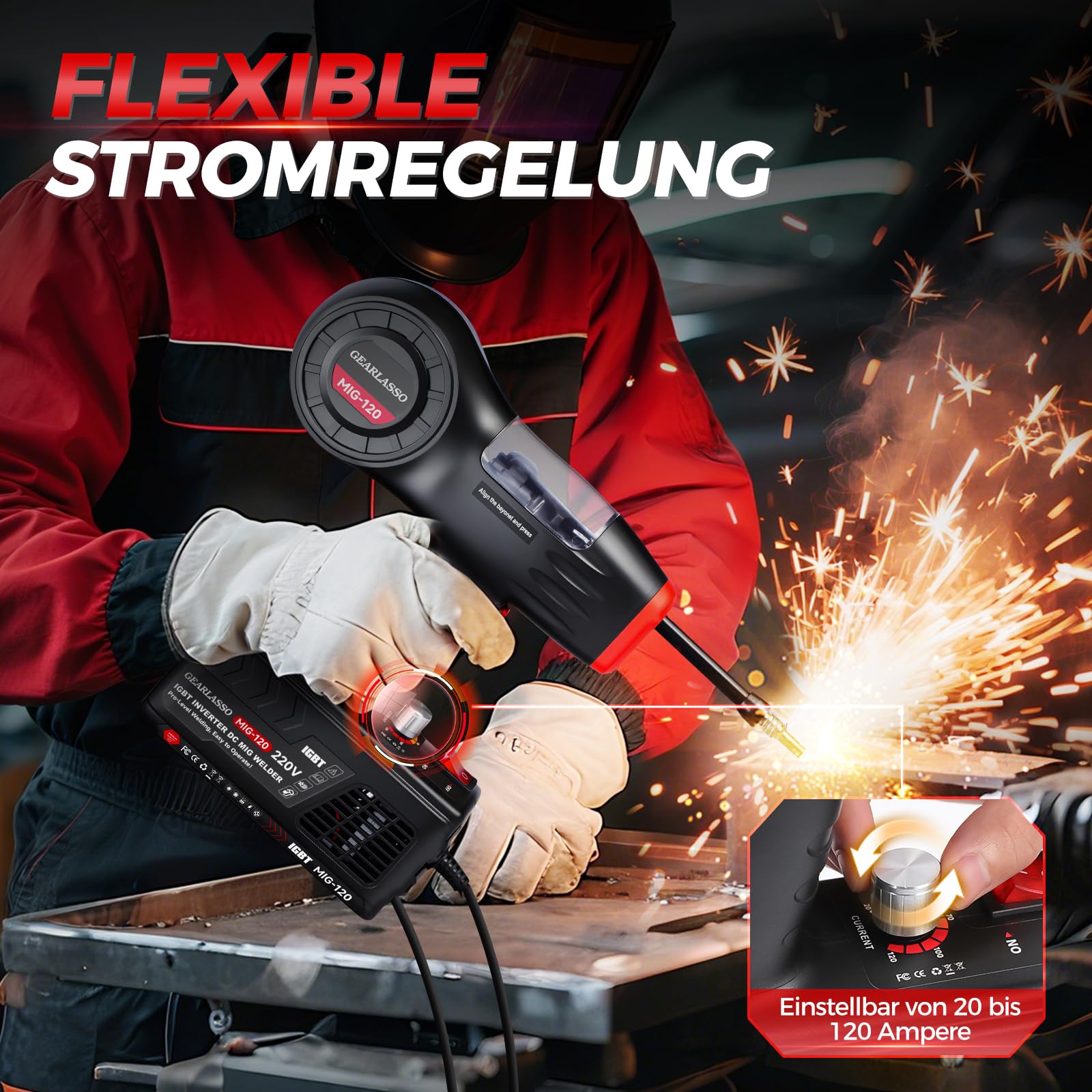 Handgehaltenes MIG-Schweißgerät, 220 V, 20–120 A, tragbares Flux Core-Schweißgerät, tragbares Flux-MIG-Schweißgerät, gasloses MIG-Schweißgerät