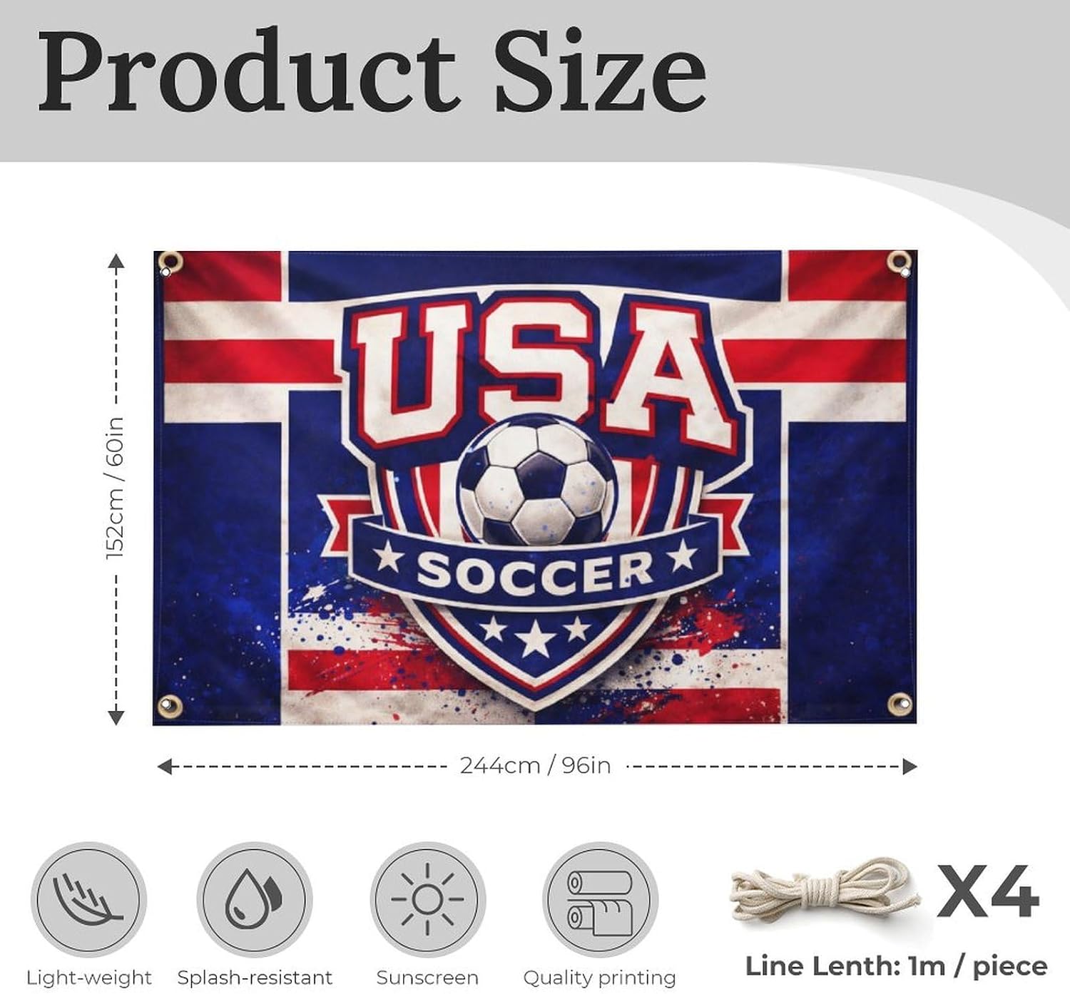 USA Soccer Fan Banner 5x8 FT, Large Vintage Sports Flag Wall Decor, Game Day Hanging Banner for Bedroom, Bar, Dorm, Man Cave, Indoor Outdoor Party Decoration