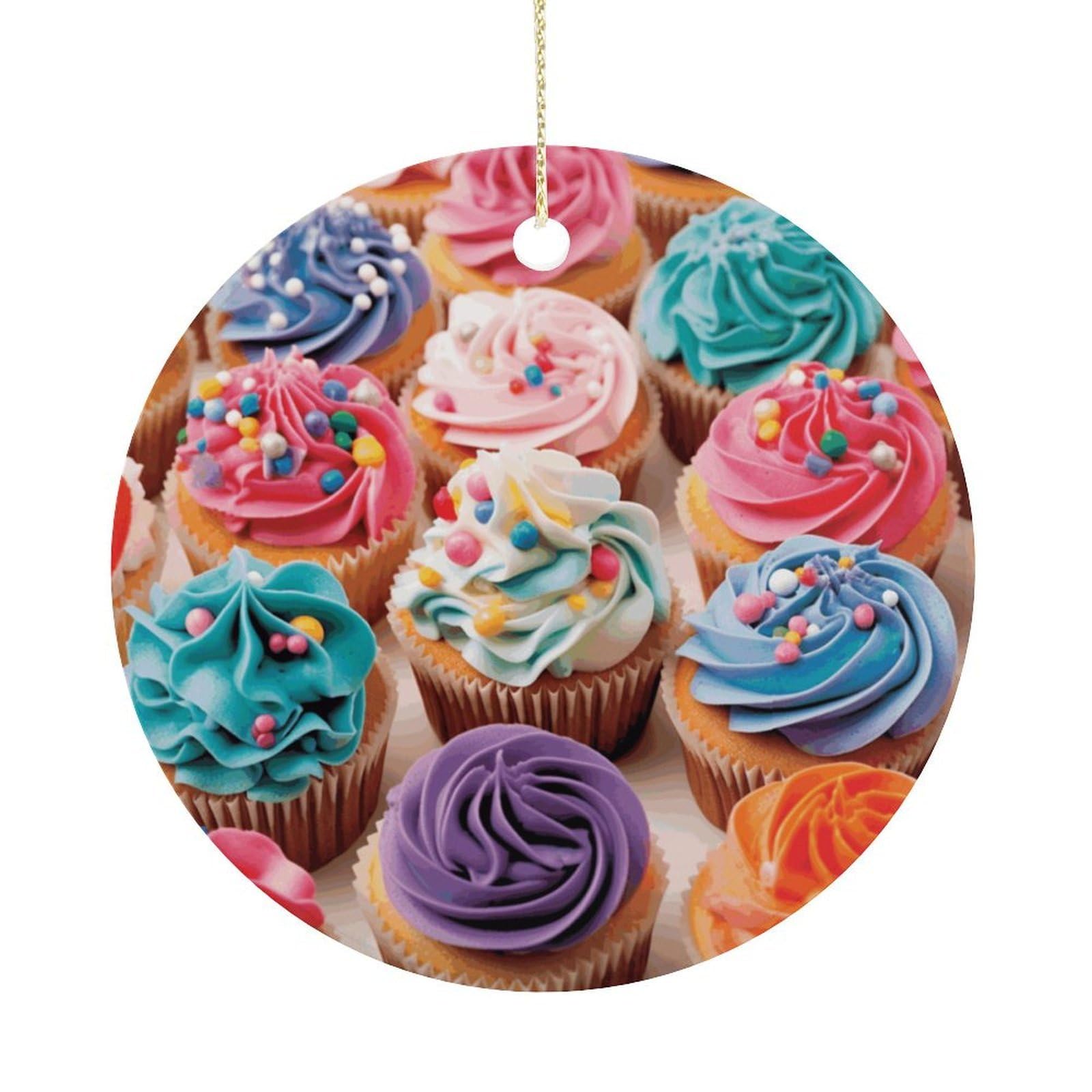 Birthday Cupcakes Christmas Ornaments Colorful Round Ceramic Ornament Christmas Hanging Decor Christmas Tree Decorations Xmas Keepsake for Women Men Xmas Holiday Party