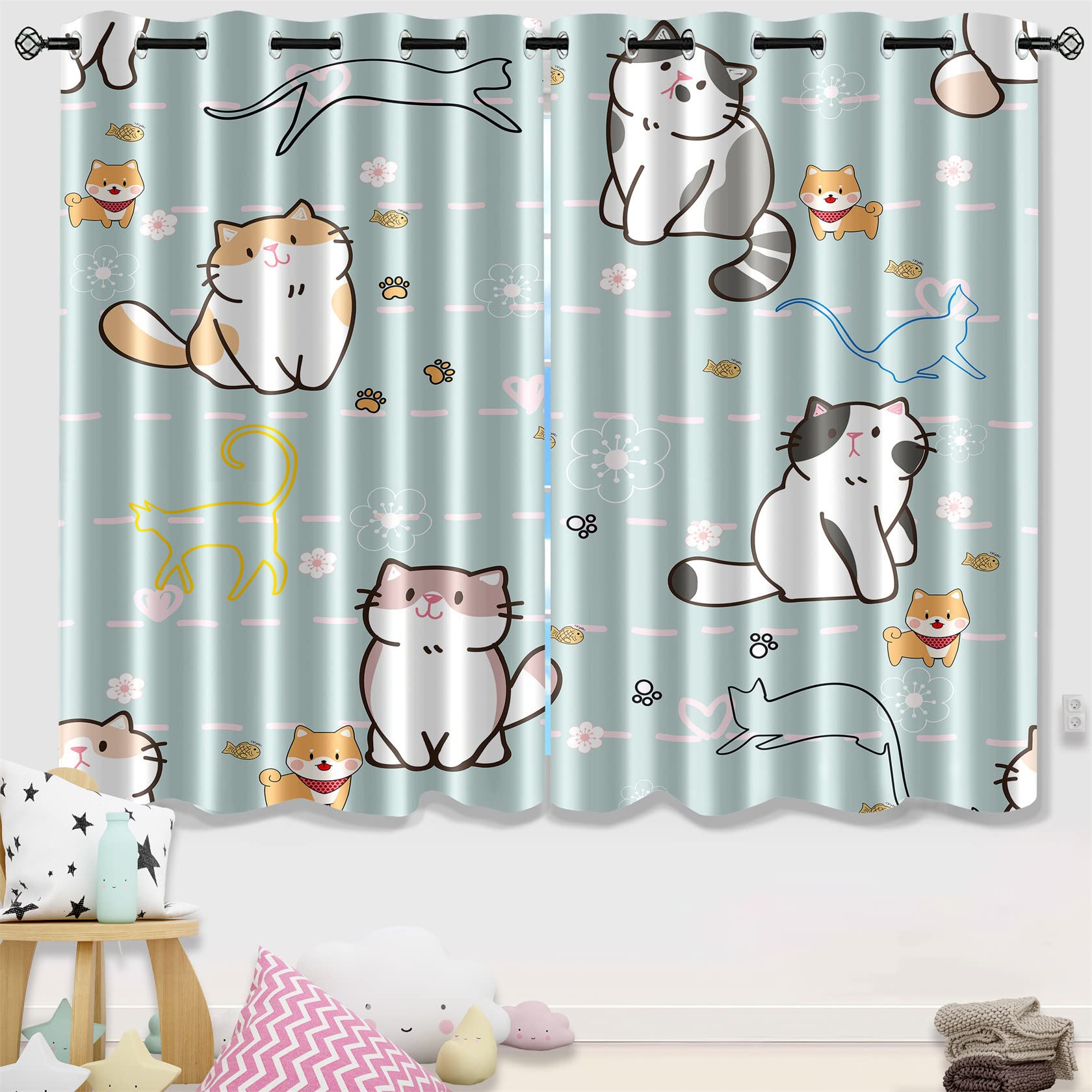 Kossmjx Lovely Cat Blackout Curtains 2 Panels 63" Inch Drapes for Kids Nursery Bedroom Kids Blackout Curtains Animal Themed Grommet Top Thermal