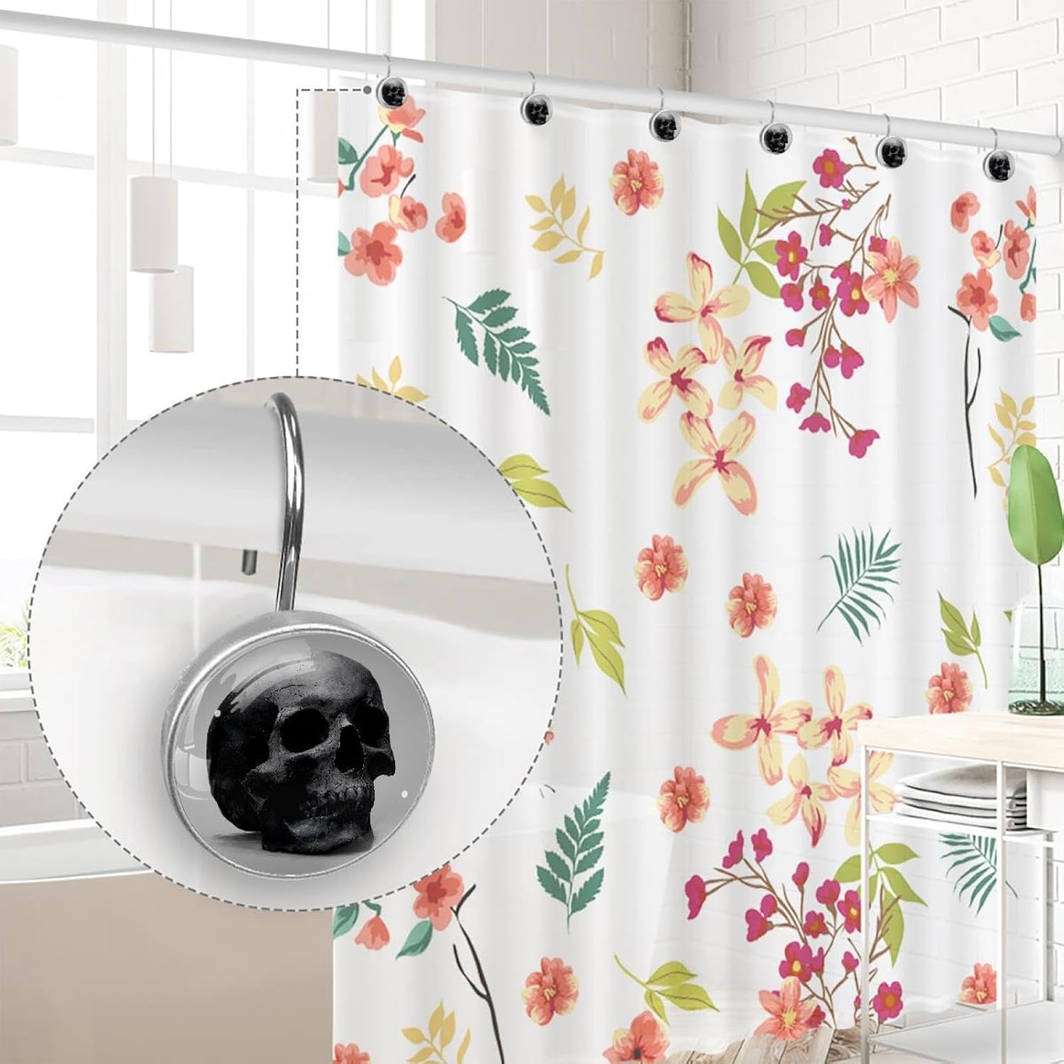 Set of 12 Shower Curtain Hooks, Shower Curtain Rings Crystal Glass Decorative Bathroom Hook, Skull, Black Grey (2)