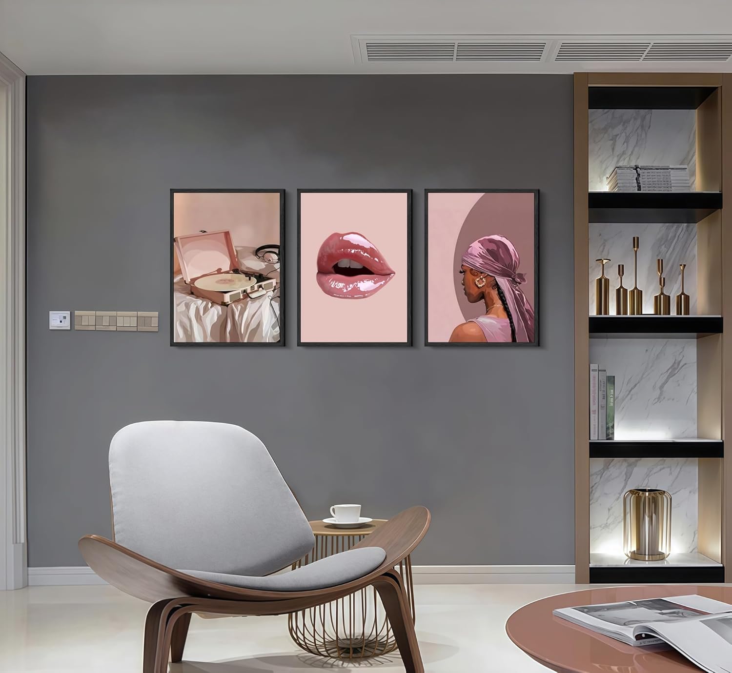 3Pcs Black Woman Canvas Wall Art Pink Trendy African American Painting Picture Wall Decor Fashion Black Girl Record Music Poster Print Artwork for Living Room Bedroom Office Apartment Home Decoration