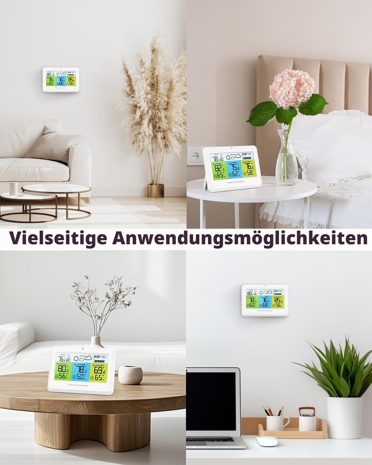 Wetterstation Kabellos Innen Außen mit 3 Sensoren, Home Wetterstationen Digital Thermometer Luftfeuchtigkeit mit Alarm, Barometer Druck, Hintergrundbeleuchtung, Vorhersagestation, für Home