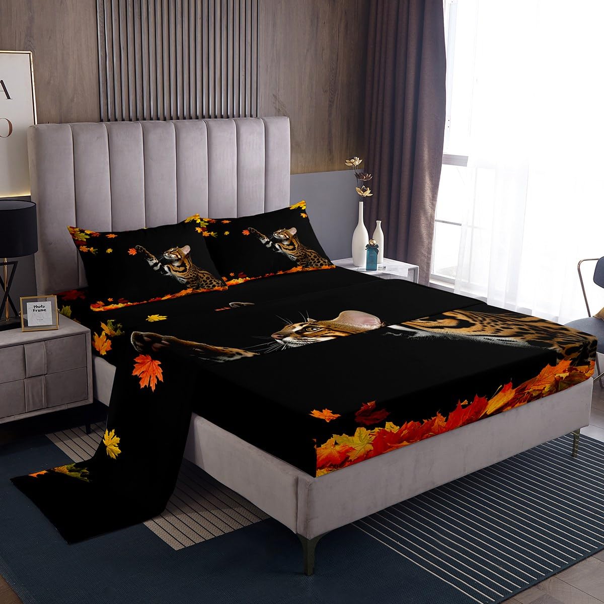 King Size Fall Comforter Set - 7 Pc Maple Leaf Bedding Set With Fitted Sheet, Pillowcases & Shams