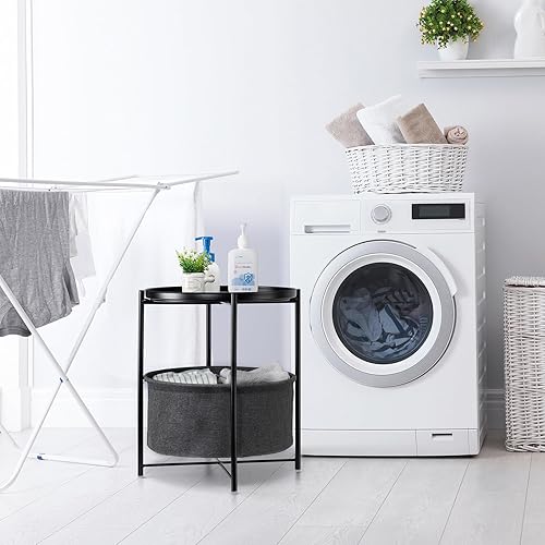 Miniatura 66 de danpinera Mesa auxiliar redonda con cesta de almacenamiento de tela, mesita de noche pequeña de metal con bandeja extraíble para sala de estar,