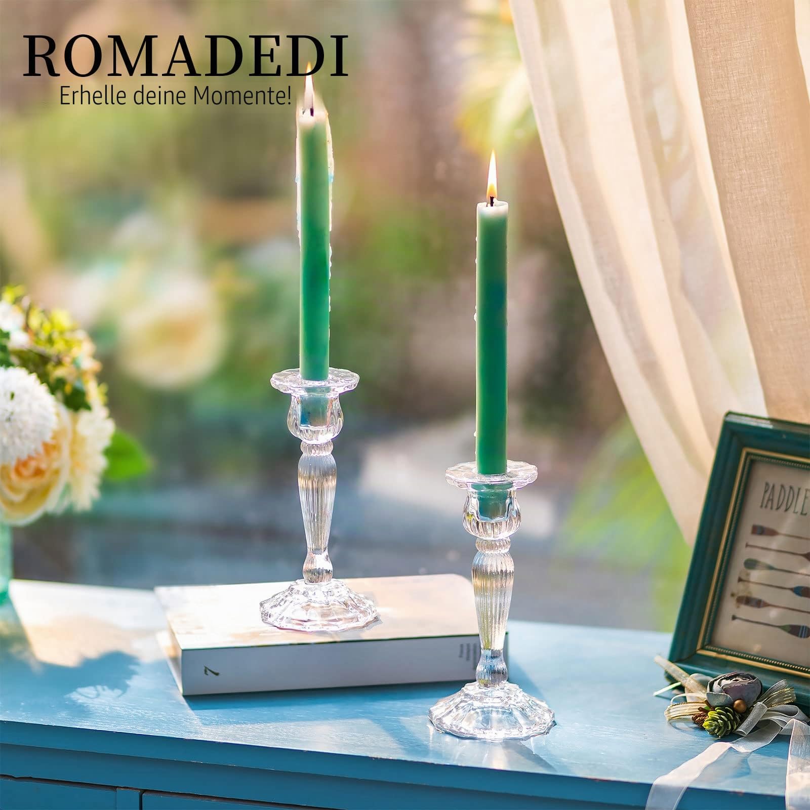 Romadedi Kerzenständer Glas für Stabkerzen, 4er-Pack, 18 cm