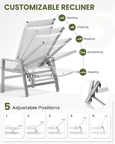Miniatura 5 de Tumbona para patio al aire libre con ruedas y reposabrazos, sillas reclinables ajustables de aluminio de 5 posiciones, sillas de playa para piscina,