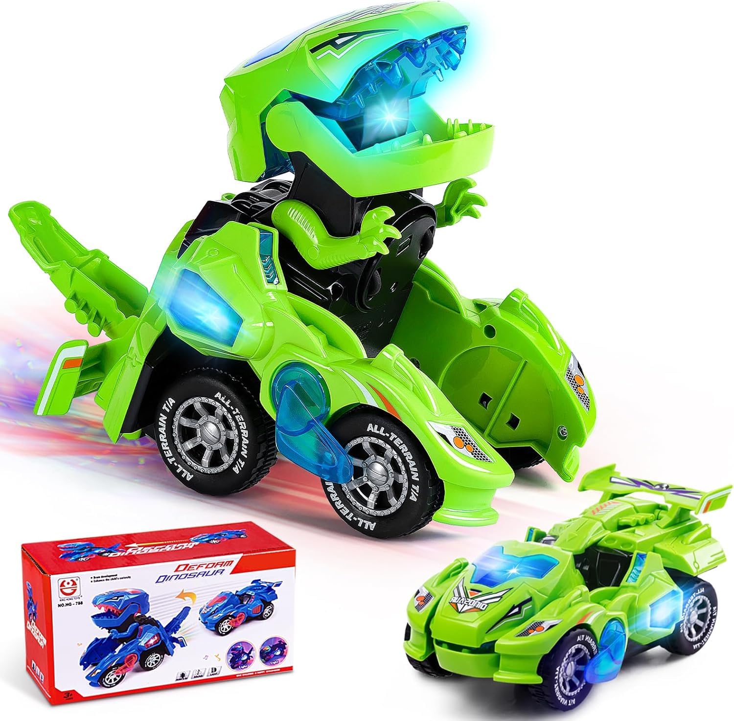 Yellcetoy Dinosaurier Transform Auto, Transformator Dino Spielzeug mit Musik und Licht Automatische Transforming Dinosaur Car für 3 4 5 6 7 Jahre Jungen Grün