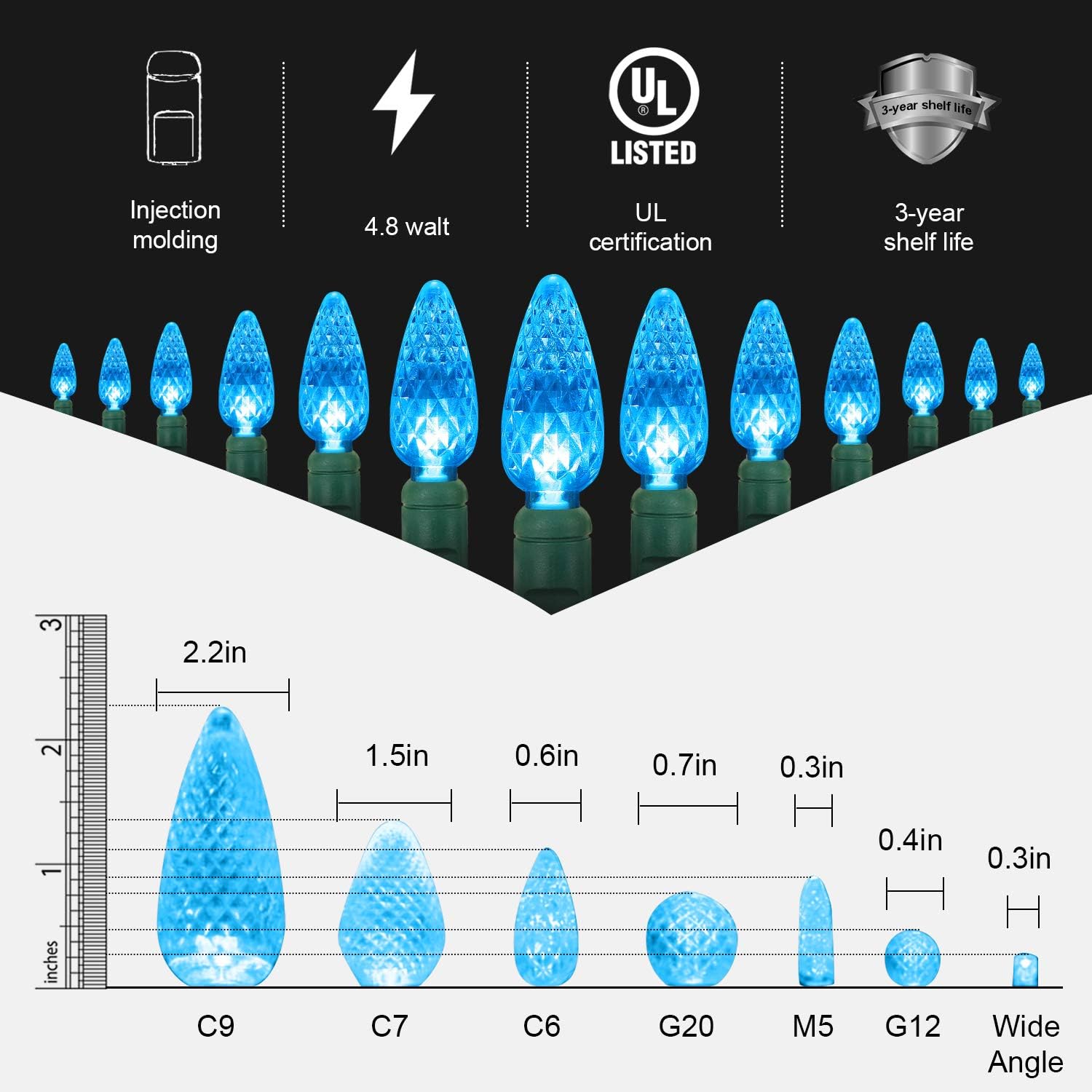70 Count C6 LED Christmas Lights - 35.5ft Aqua String Lights, Indoor/Outdoor, Commercial Grade, Waterproof, UL Listed