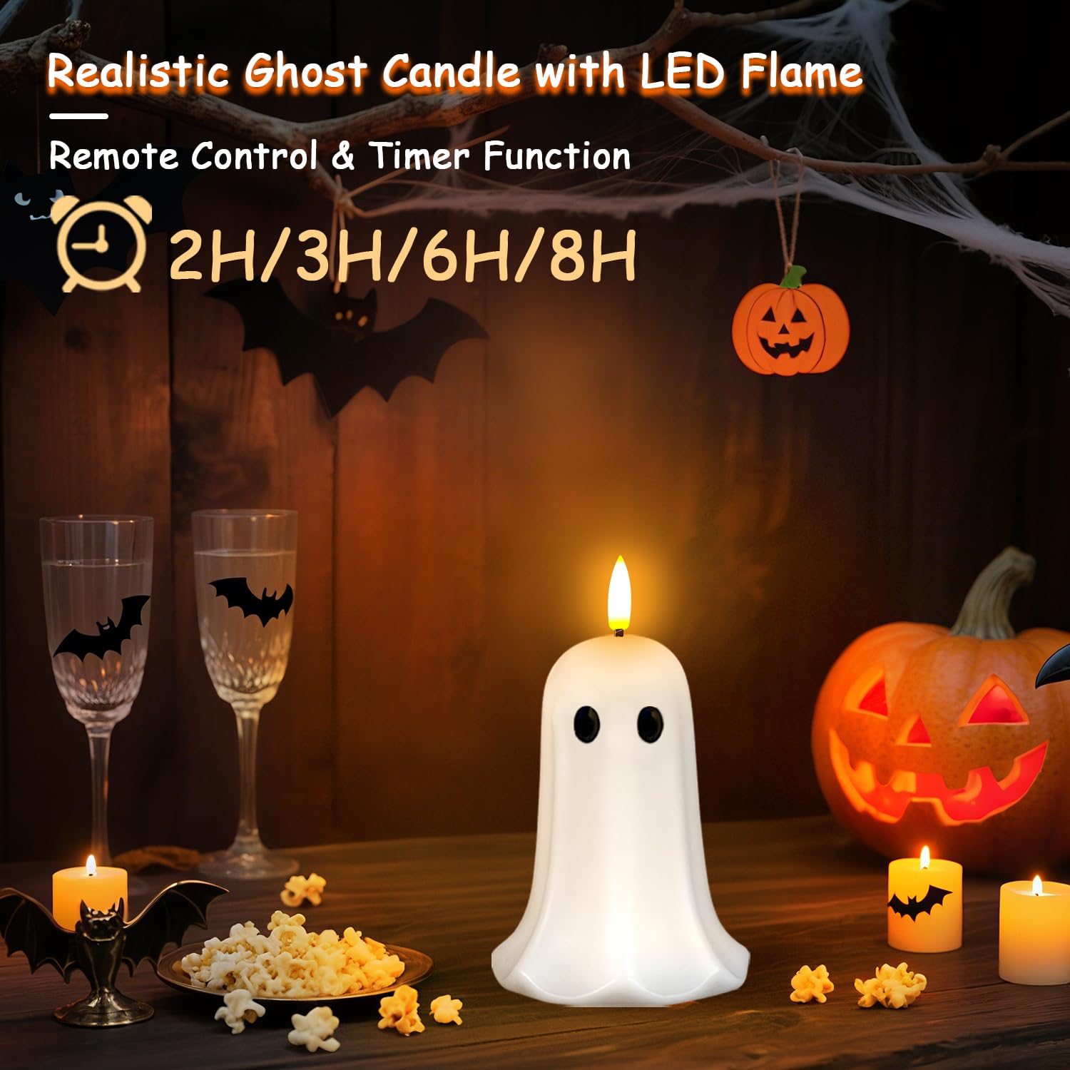 Bezpłomieniowa świeca halloweenowa z timerem, świeca LED z migoczącym płomieniem, prawdziwy wosk, pilot zdalnego sterowania, upiorne dekoracje halloweenowe do wewnątrz, urocza dekoracja stołu do