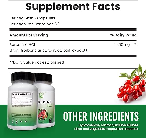 Miniatura 8 de Berberine Plus Cápsulas de 1200 mg  Cápsulas de suplemento de berberina HCl con jalea real  Suplemento de verduras de alta pureza y máxima potencia
