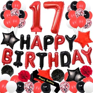 17th Birthday Party Decorations-Happy Birthday Foil Ballons Banner Red Number 17 Happy Birthday Sash Latex Balloons Perfect for 17 Years Old Party Supplies Balloons Number 17 Red