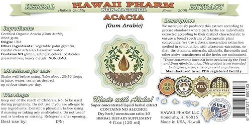 Miniatura 2 de Hawaii Pharm Extracto líquido de acacia sin alcohol, Acacia orgánica (Acacia Senegal) Goma de glicerita árabe Suplemento herbario natural de 2 onzas