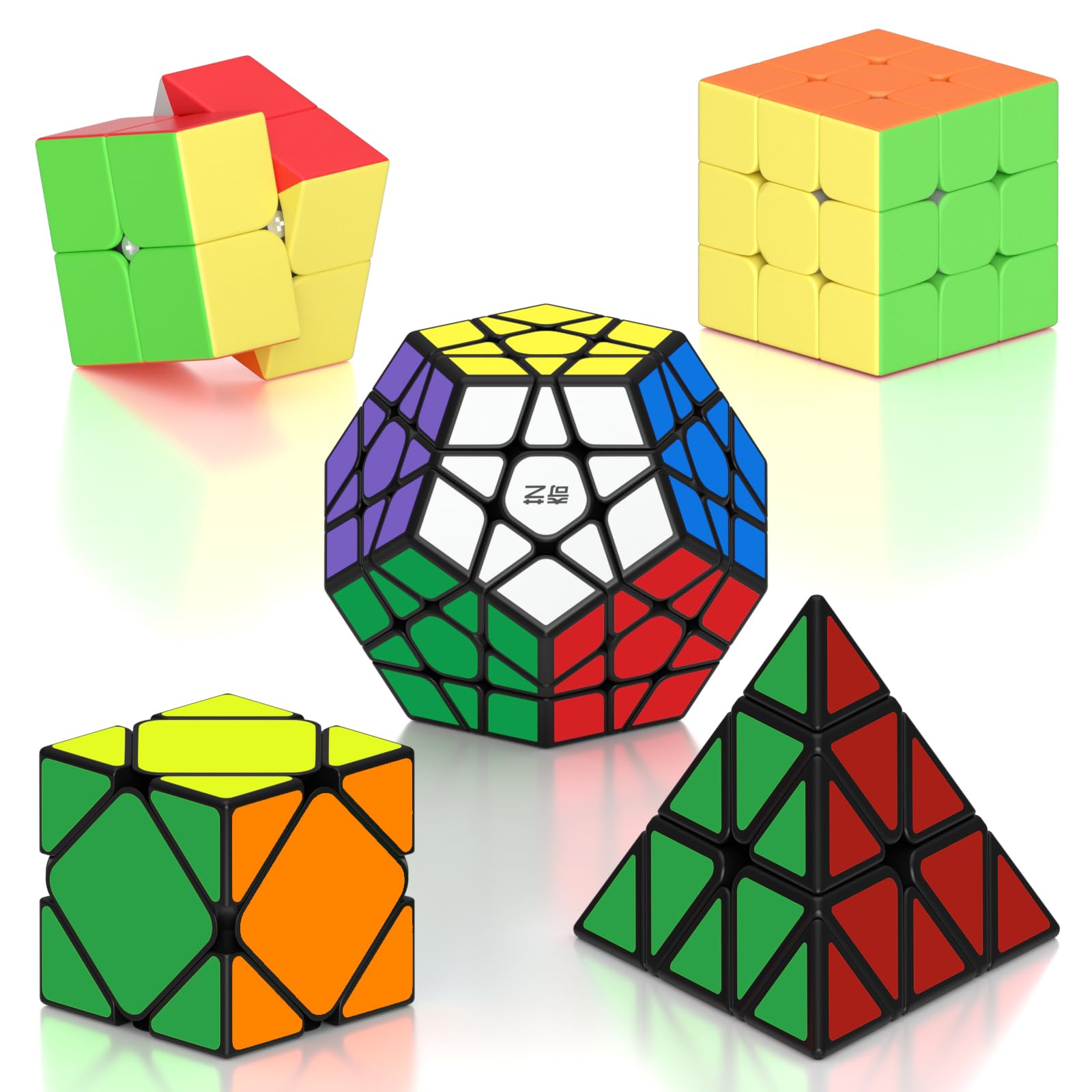 Coolzon Speed Puzzle Cube Set – 5 Packs : Pyraminx, Megaminx, 2x2, 3x3 Et Mirror Cube – Sans Autocollants – Pour Enfants Et Adultes
