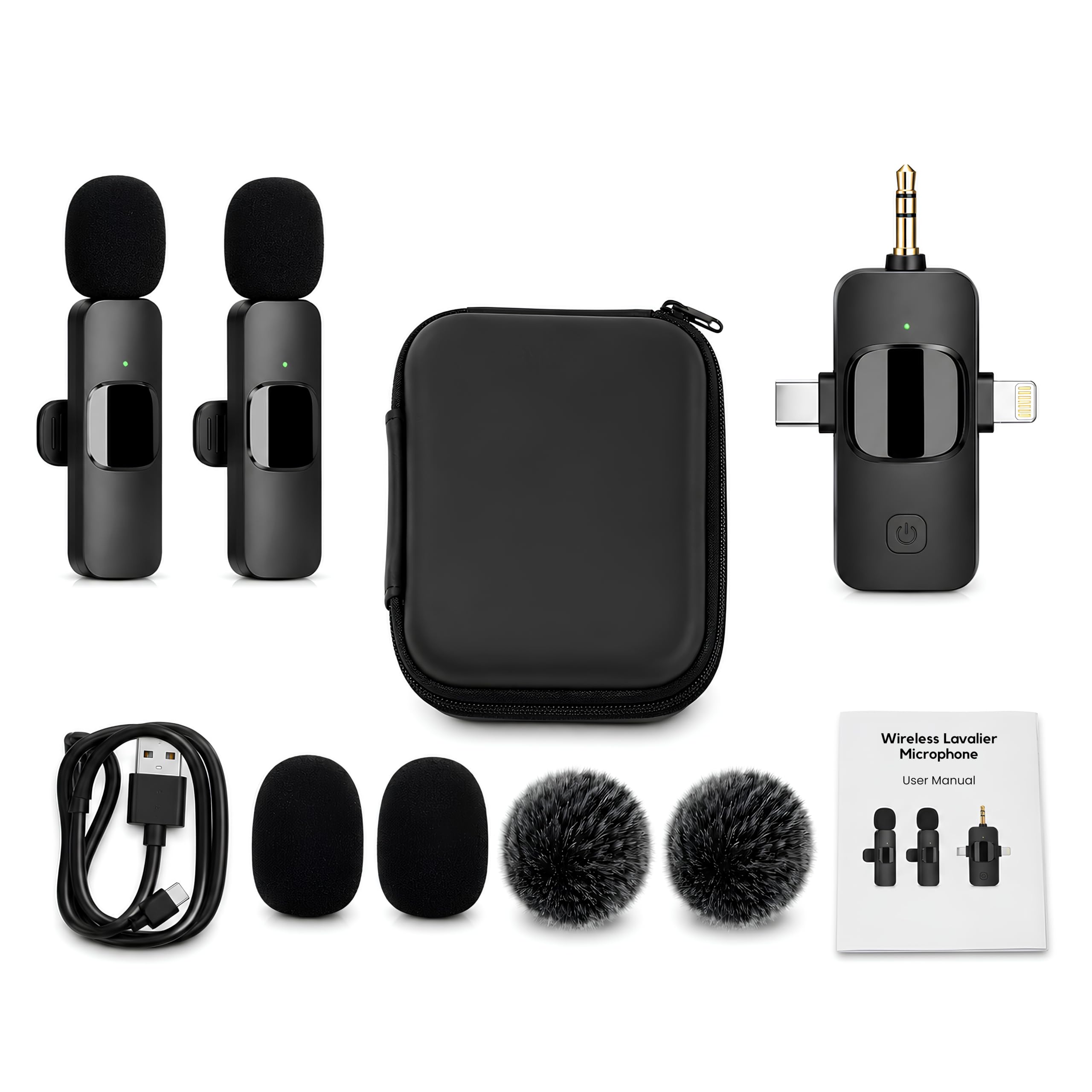3-in-1 Wireless Lavalier Microphone, Dual Clip-On Mini Mic for iPhone, Android, Camera & Laptop, USB-C, Lightning & 3.5 mm Receiver, Noise Reduction for TikTok, YouTube, Interview & Vlogging