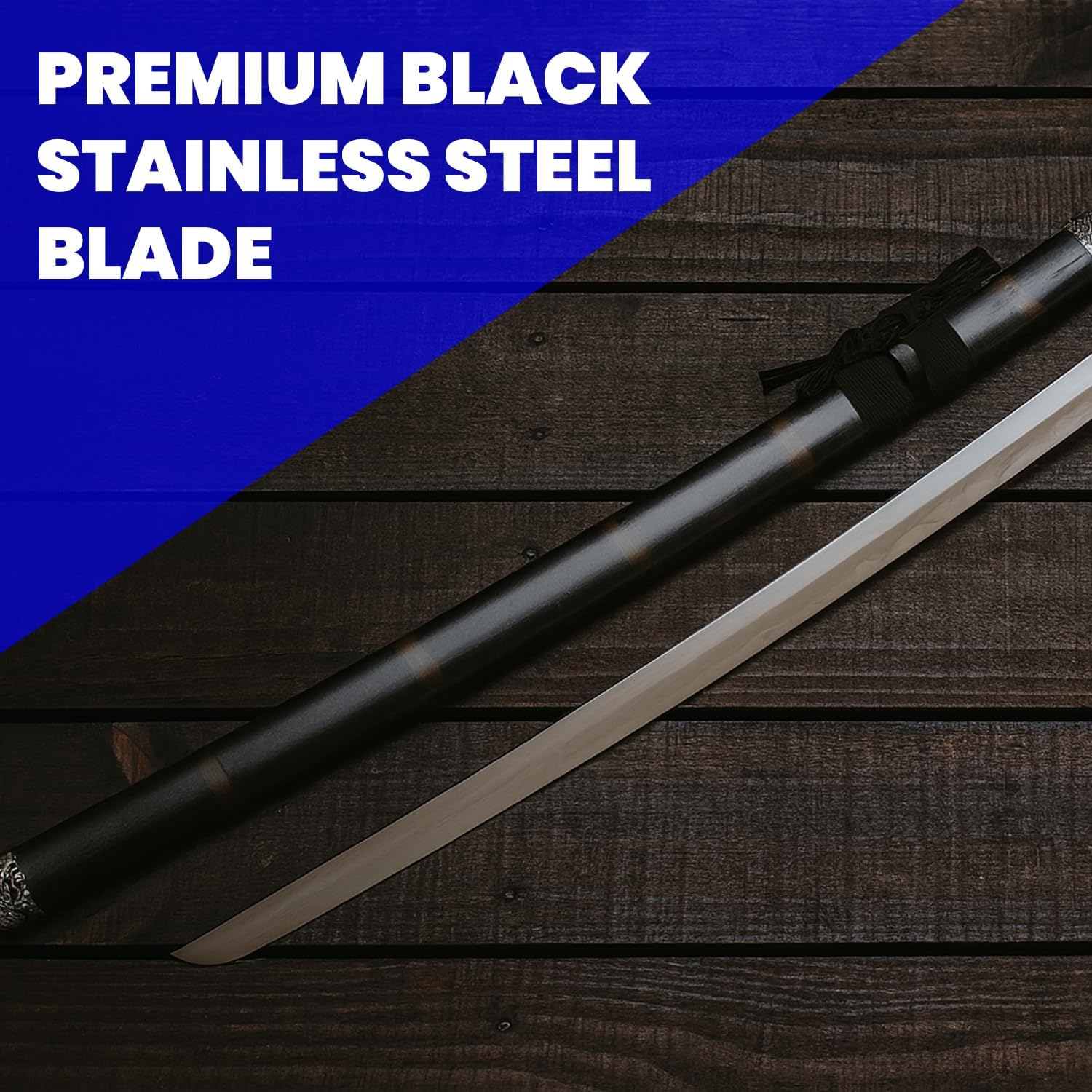 SZCO Midnight Dragon Samurai Sword – 39.5” Full Tang Real Sword Look with Black Stainless Steel Blade, Decorative Pewter Trim Scabbard, Nylon-Wrapped Handle