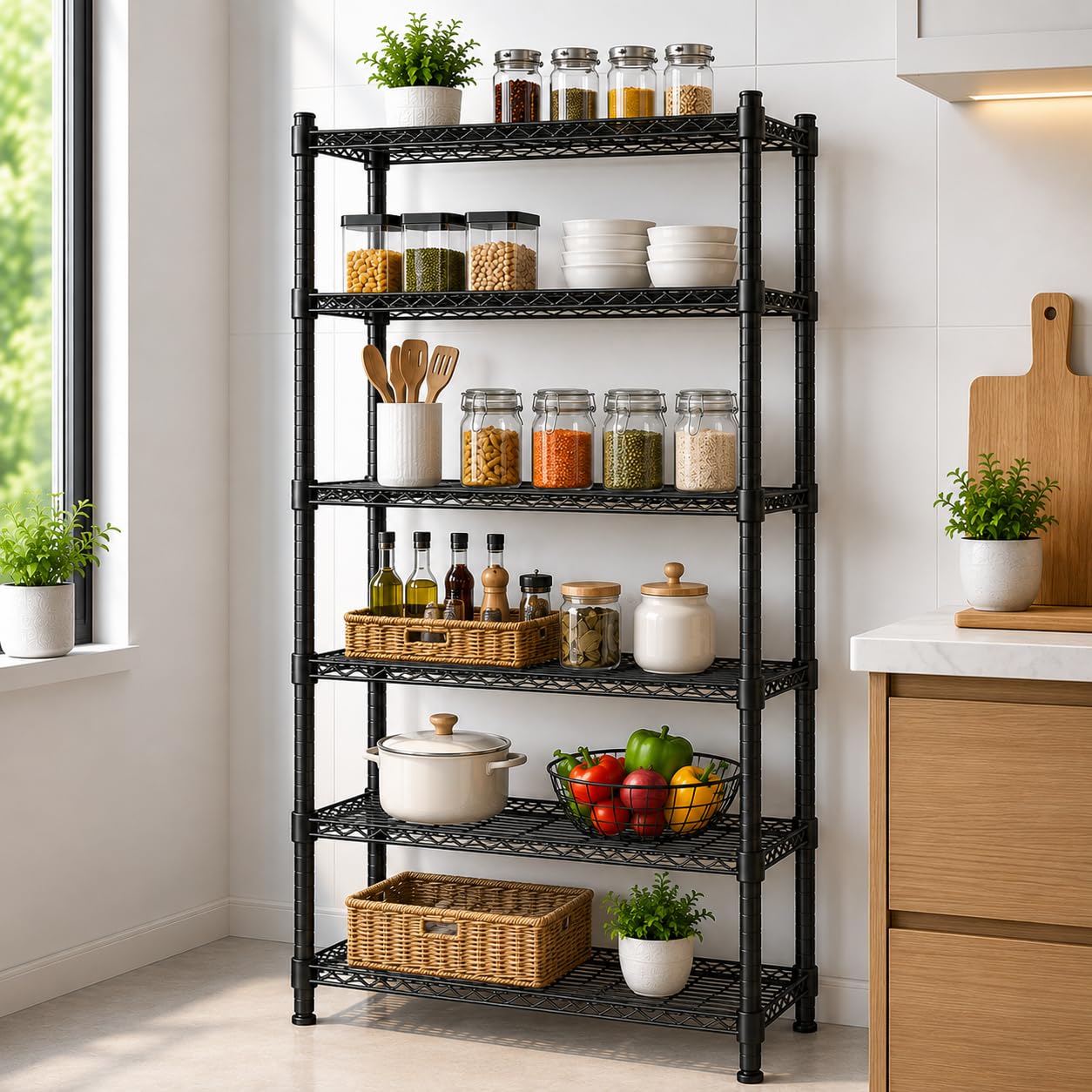 STORACK Height Adjustable Heavy Duty Foldable Boltless Wire Shelving Rack Shelves Free Standing Black Finished Multi Storage Rack (6 Shelf) 14D X 24W X 72H inch
