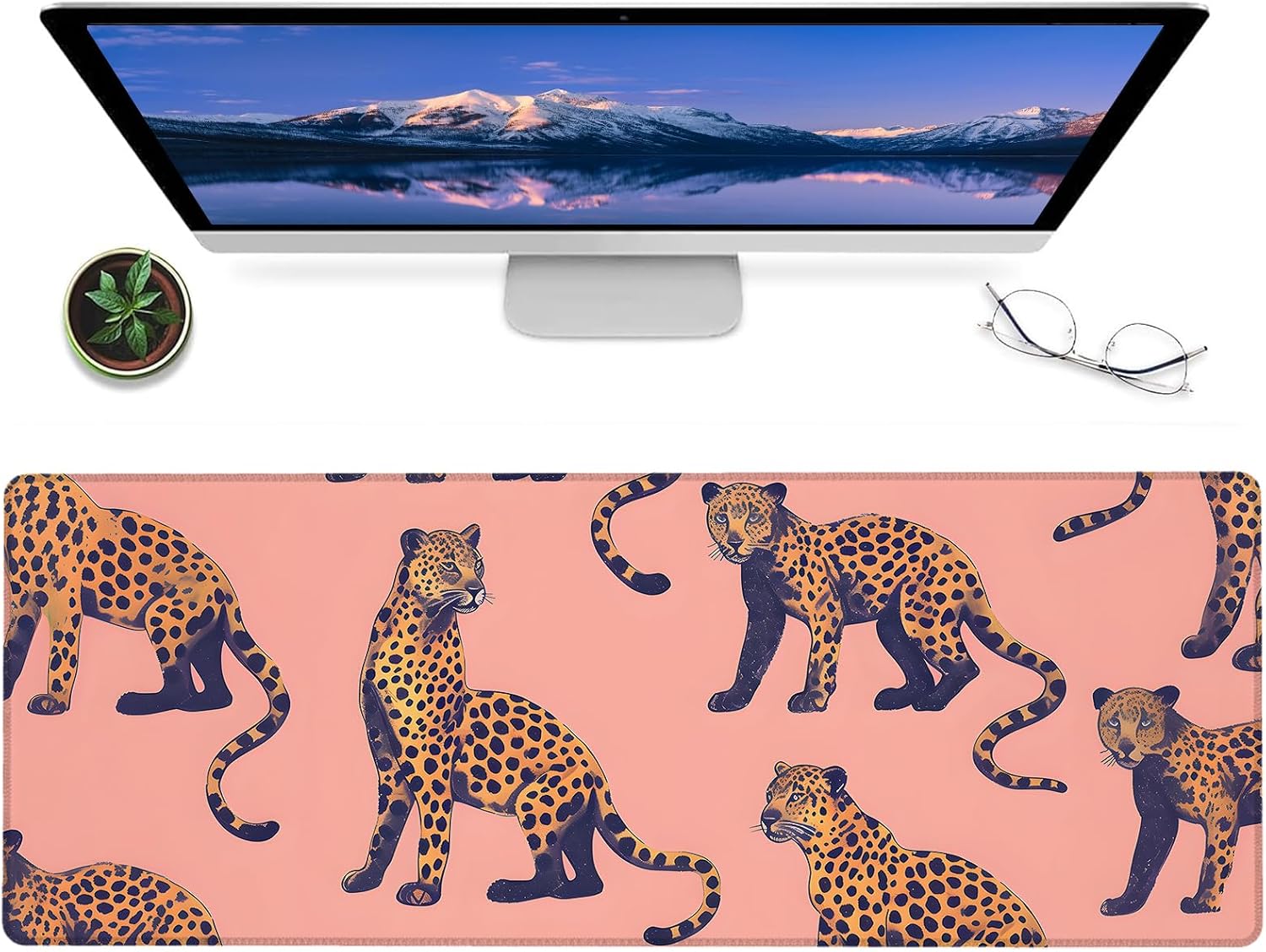 Cool Leopard Gaming Mouse Pad,12x31.5in Non-Slip Rubber Cheetah Desk Mat,Large Extended Mousepad for Office Home Laptop,Mice Pads Gifts,Game Lover Deskmat Decor (Pink)