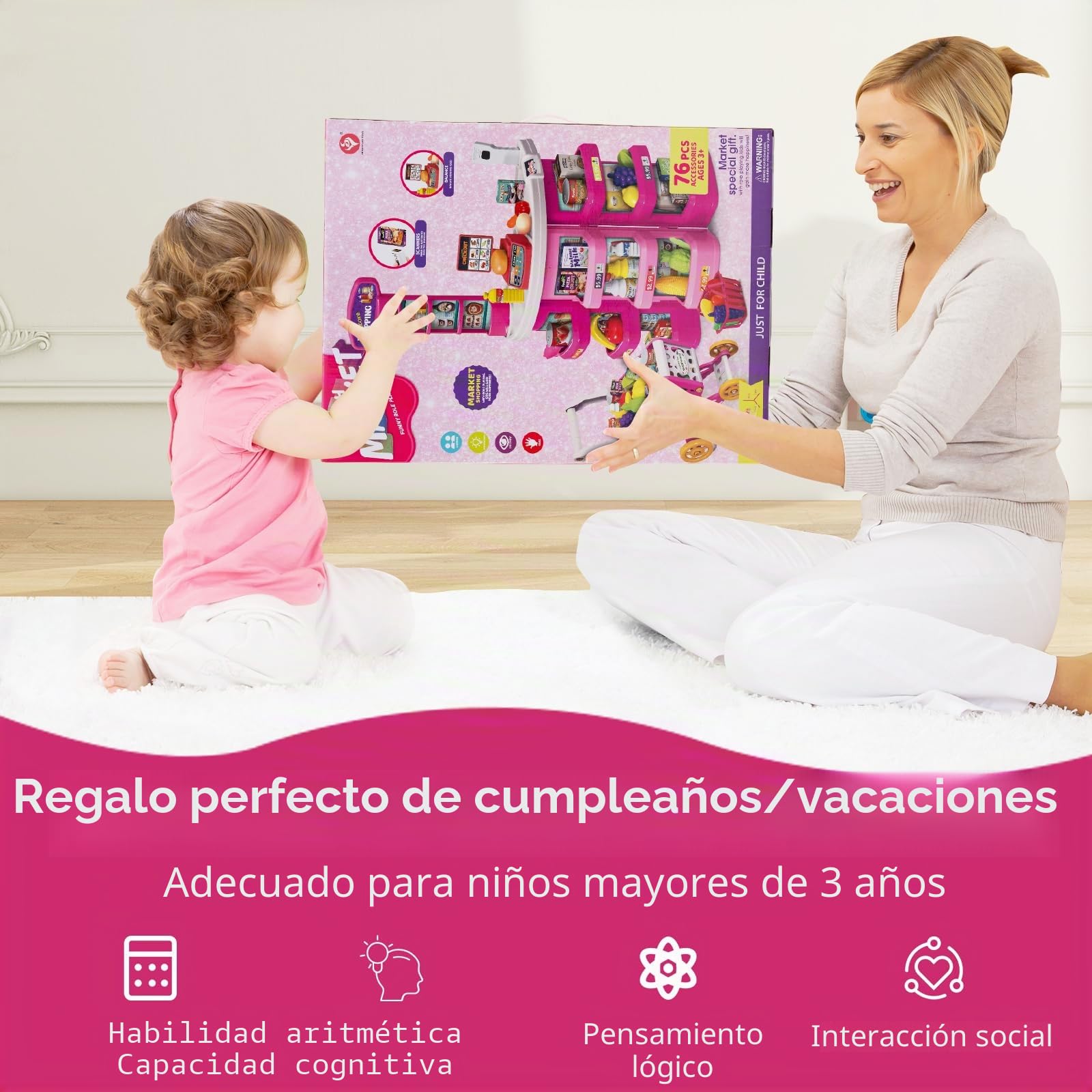 HOMASIS Juego de Supermercado con Luz, Sonido y 29 Accesorios, Tienda de Comerciantes con Caja Registradora, Carrito de Compras, Báscula y Escáner, para Niños de 3+ Años (Rosa)