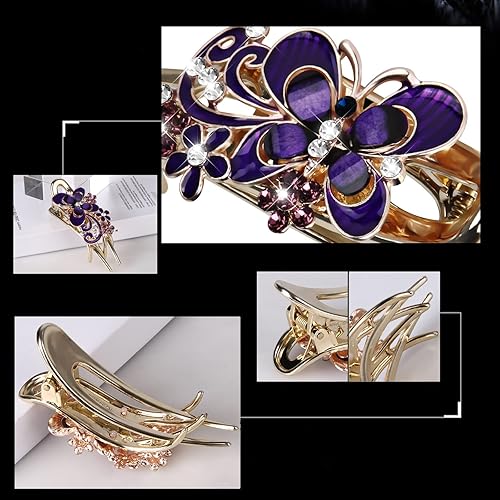 Miniatura 6 de CROWN GUIDE Pinza de pelo trenzada con piedra de cristal brillante, pasador de pelo de gran tamaño con diamantes de imitación, accesorio de mariposa