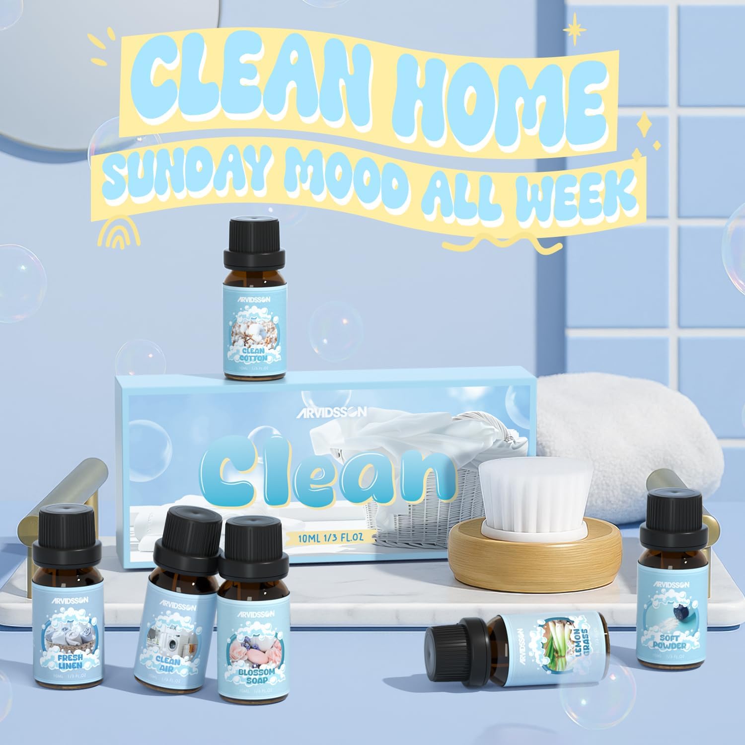 ARVIDSSON Clean Essential Oils Set, Natural Fragrance Oil for Diffuser, Soap Making - Fresh Linen, Clean Home, Fresh Cotton, Soft Powder, Blossom Soap, Lemongrass, Refreshing Scented Oils for Home - Image 2