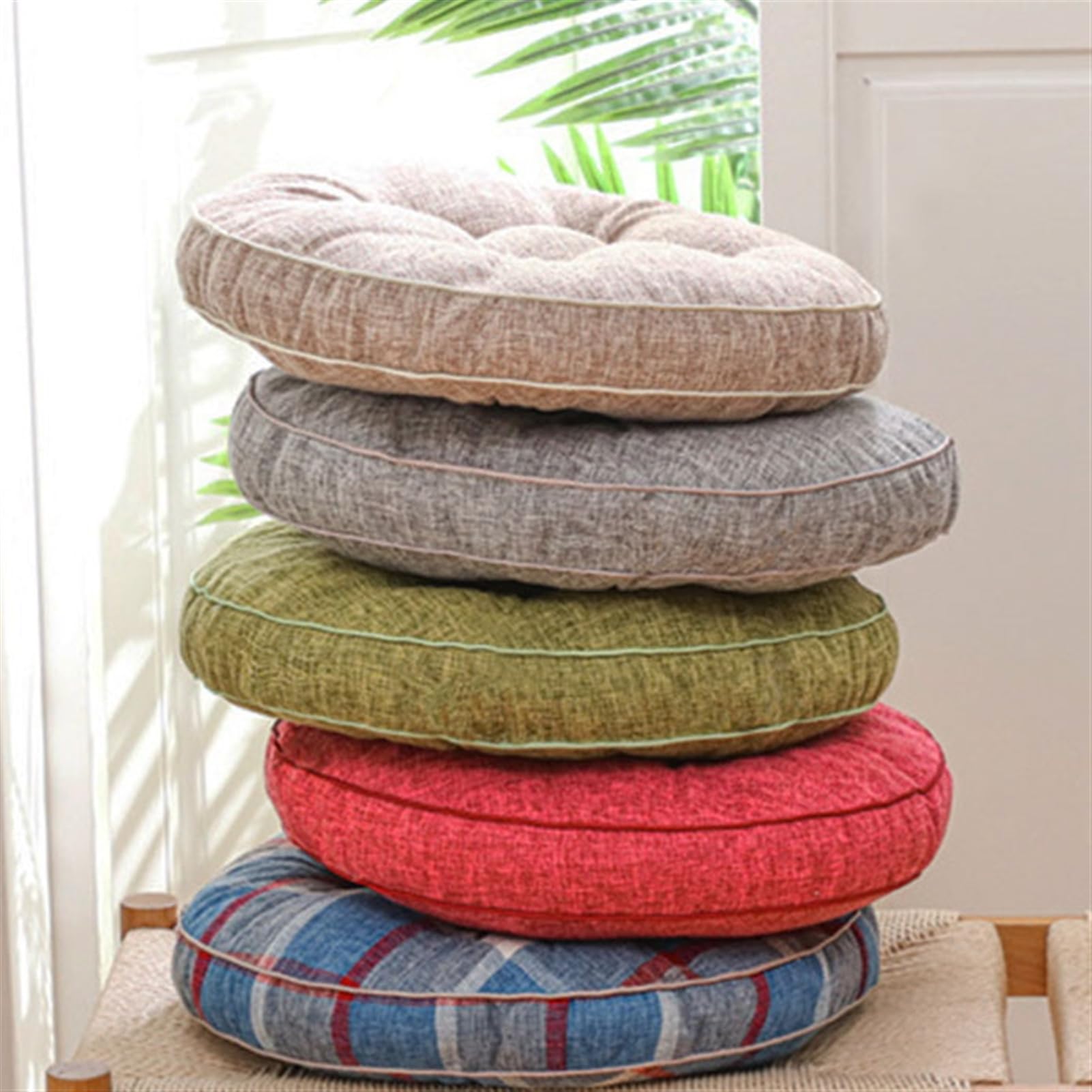4er Set Sitzkissen Rund Indoor Outdoor Weiche Stuhlkissen Sitzpolster für Büro, Küche, Garten, Camping, Gastronomie Oder Bistro 40 x 40 cm, Blau Kariert