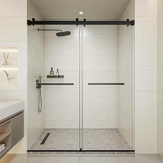 RFN 50-54" x 76" Frameless Double Sliding Shower Door, 8mm Tempered Glass, Matte Black 304 Stainless Steel