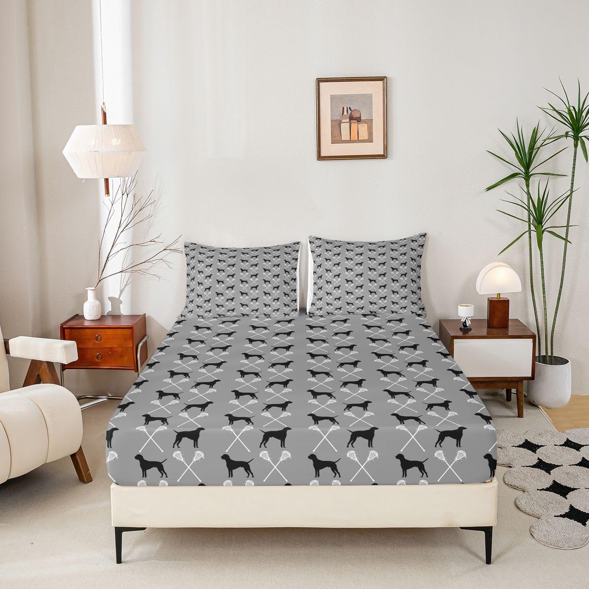 Lacrosse Sheet Set for Girls Boys Kids Vintage Lacrosse Player Bed Sheets Twin,Sports Theme Bedding Set Bedroom Decor,Gift for Lacrosse Lover,Dog Puppy Fitted Sheet + Flat Sheet + 1 Pillowcase