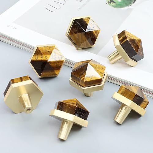 Miniatura 3 de Rockcloud Paquete de 2 pomos de piedra de cristal con forma hexagonal de ojo de tigre con tornillos, tiradores de cajón, pomos decorativos para el