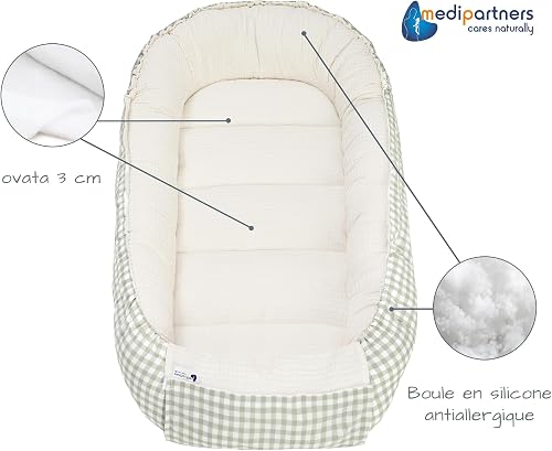 Medi Partners Baby Nest Pod for Newborn Babynest Sleep Bed - 100x60x15 Lounger Essentials 0-12 Months sleeping bilateral Cocoon 100% Cotton Waffle (Grid with olive Minky) - 8