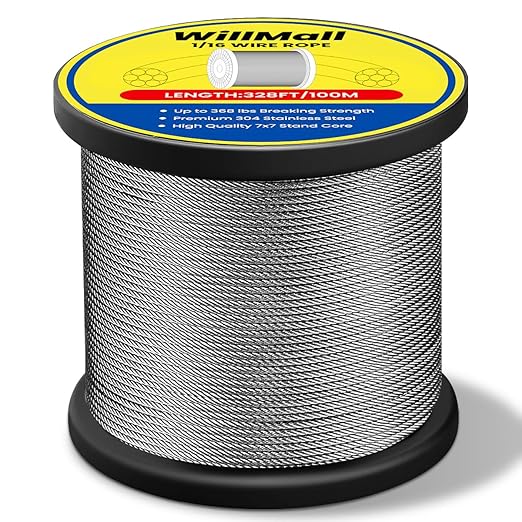 1/16 Wire Rope 304 Stainless Steel Wire Cable, 328ft Length Aircraft Cable 7x7 Strand Core, 368 lbs Breaking Strength