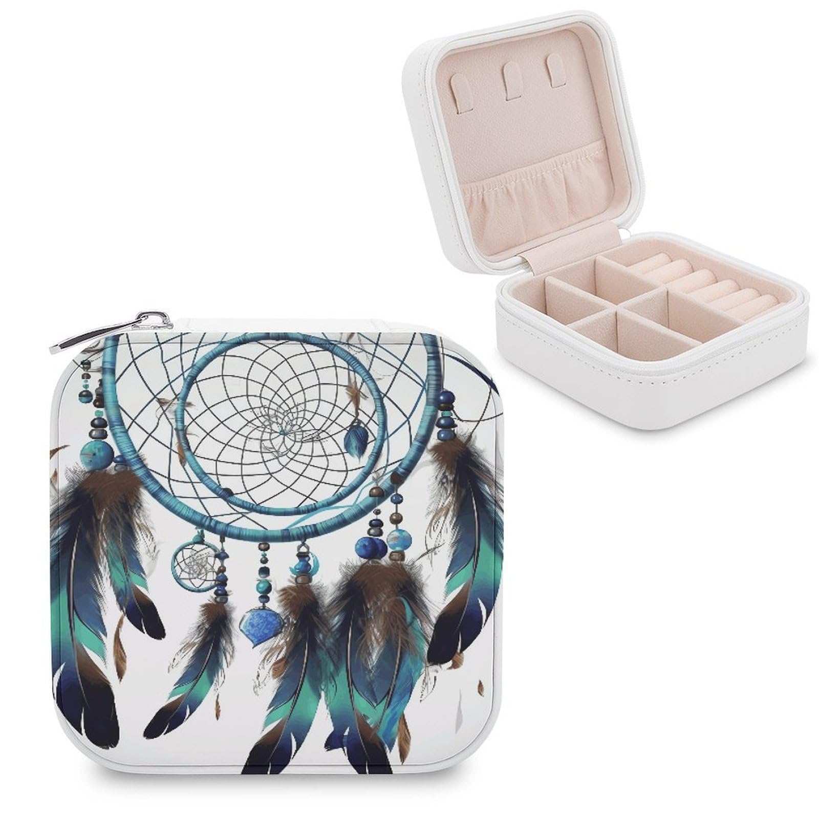 VstaDank Native American Dream Catcher Travel Jewelry Case Zipper Portable Small Jewelry Box Custom Pu Leather Mini Traveling Jewelry Organizer for Rings Earrings Necklace Bracelet Girls Women