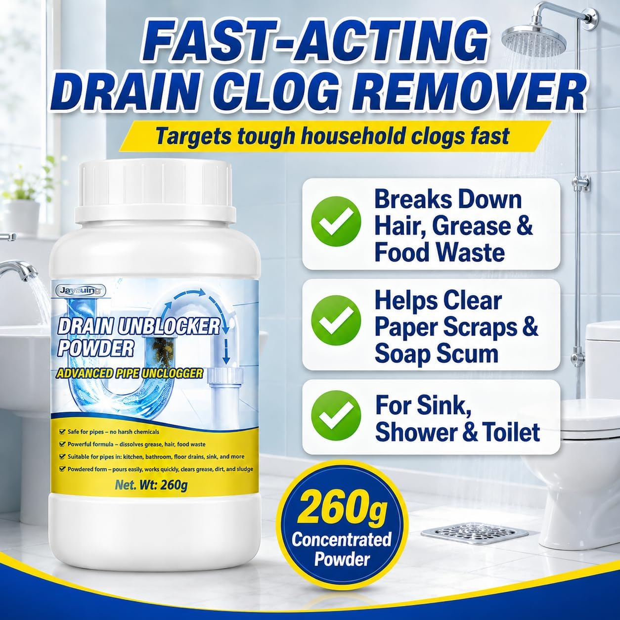 Drain Clog Remover, 9.17OZ Solid Pipe Cleaner Particle, 6 Uses, Fast Acting Hair Sink Drain Cleaner for Kitchen Sinks, Showers, Bathtubs and Floor Drains