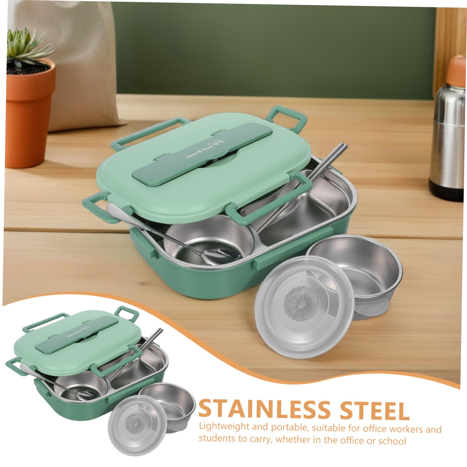 Fiambrera Acero Inoxidable Infantil 1500ml Verde con 4 Compartimentos | Taper de Acero Inoxidable con Tapa, Caja de Refrigerio Bento, Bento Box, Loncheras para Decoracion Colegio